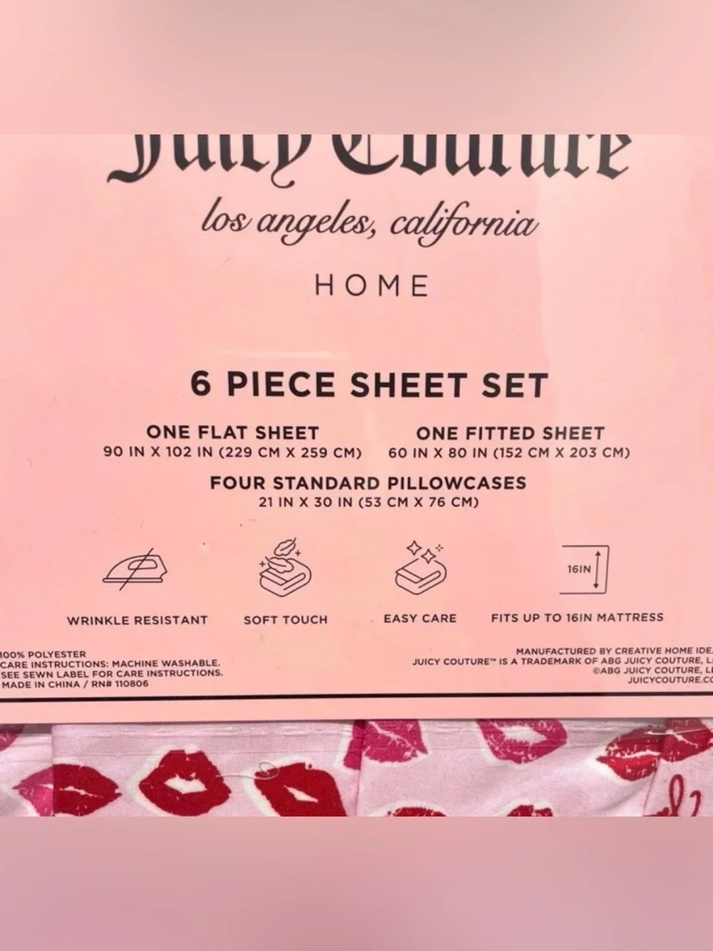 Juicy Couture 6-pc Queen Sheet Set JC Pink Lots of Kisses 2 Extra P/C's NEW NIP